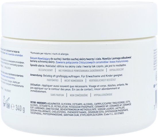 Witte pot met blauw label, 340g, ingrediëntenlijst en gebruiksaanwijzing.