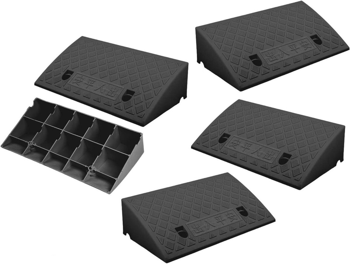 Oprijplaten Set - Stoeprandhelling Drempelhulp - Vergemakkelijkt Oprijden - Antislip Oppervlak - 50 x 27 x 7 cm - Zwart