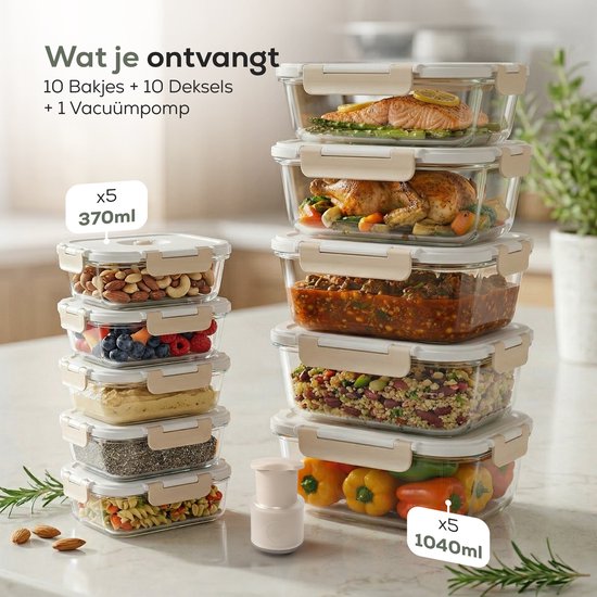 Boîtes de conservation en verre Élanor avec pompe à vide – Étanche et hermétique - Verre borosilicaté - Boîtes de préparation de repas - 5x plus frais grâce au couvercle sous vide - Set de 10 pièces Boîtes de congélation