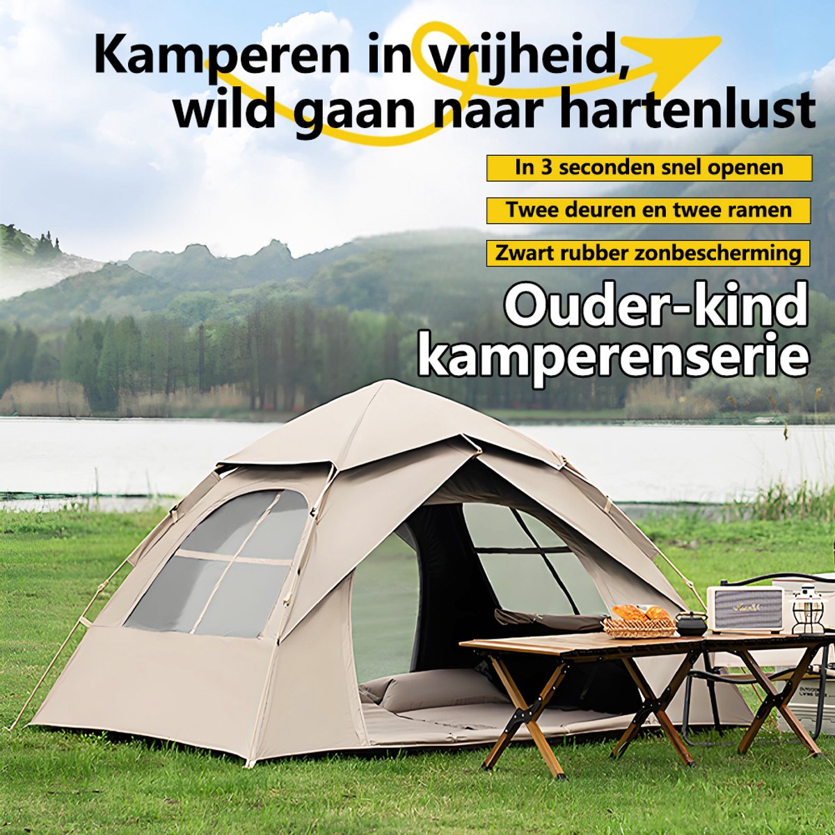 Automatische Pop-up Tent - Vierhoekige Kampeertent voor 1-2 Personen - Vaste Zonnekap - Inclusief Draagtas - Ideaal voor Gezinscamping en Festivals - Met Zwarte UV-Block Coating - Snelle 3-Seconden Opzet - Kaki – foto 6