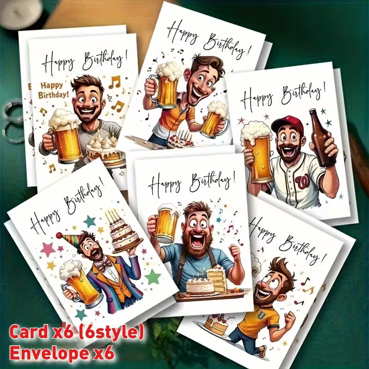 12x Verjaardagskaarten Set met Enveloppen – 6 Unieke Humoristische Designs voor Mannen – Waterverf Stijl Kaarten met Bier & Taart – Felicitatiekaarten Bulk