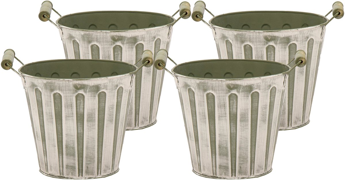 Mega Collections Emmer/plantenpot/bloempot - 4x - zink - legergroen - D11 x H10 cm
