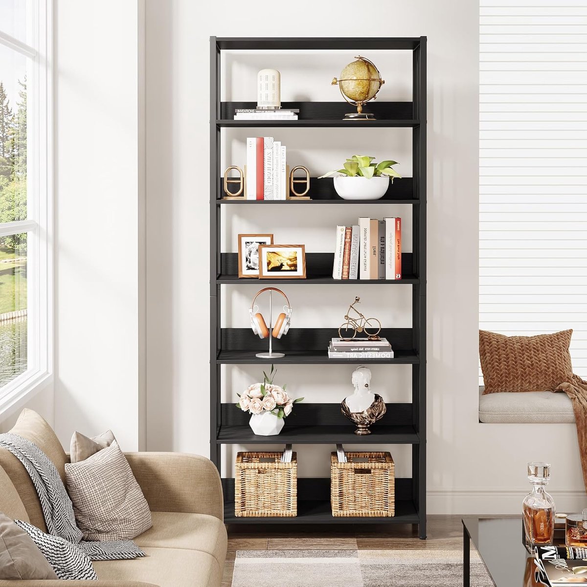 Industriële 6-Laags Open Boekenkast 190 cm – Grote Staande Opbergkast 30 x 80 x 190 cm voor Woonkamer, Slaapkamer en Kantoor