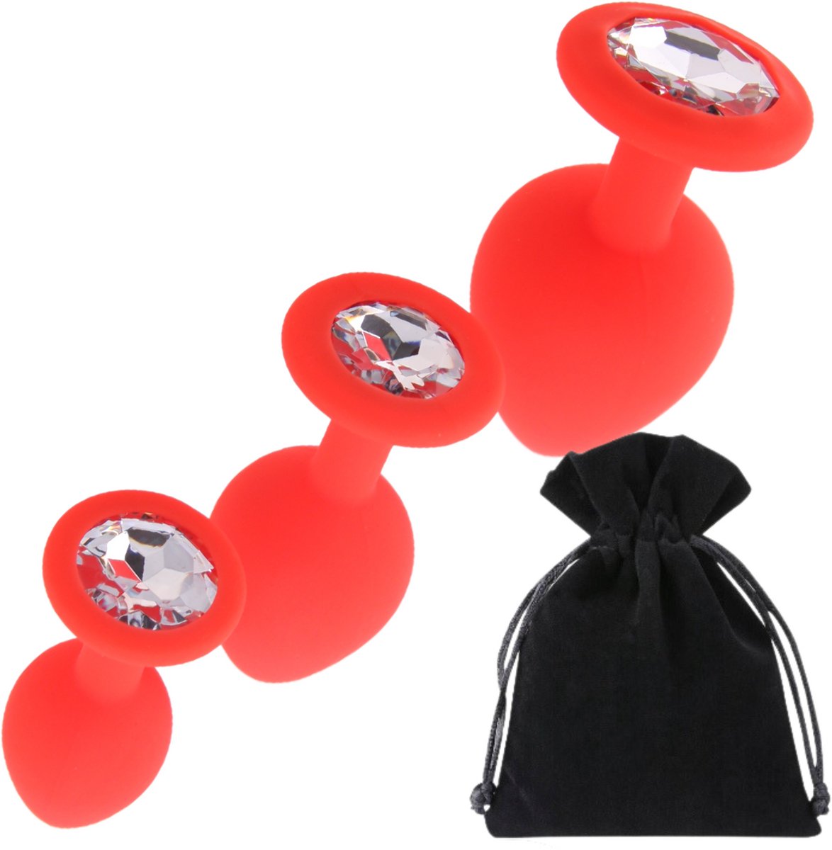 Mona - Zacht Silicone Anale Plug Set - 3 Maten - Rode Kristallen - Waterdicht
