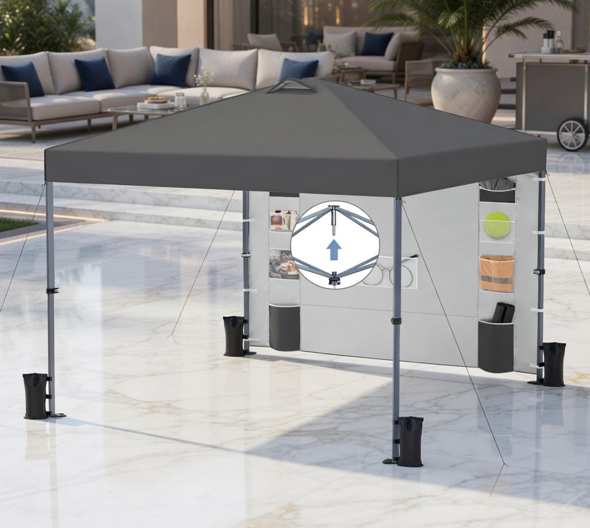 Luxe Pop-up Partytent 3x3m – Waterdicht Vouwpaviljoen met Zijwand en Opbergvakken – In Hoogte Verstelbaar – Stevige Tuintent voor Camping, Feest & Outdoor – Donkergrijs Medahomestore