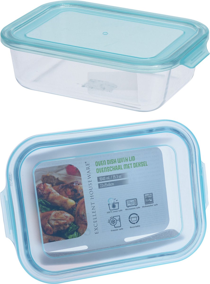 Ovenschaal bakken en vriezen met deksel 1040ml glas blauw 22x15x6cm.