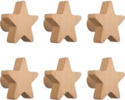MOROBOR 6 stuks stervormige houten haken, decoratieve kinderkamerhaak, enkele gat, beukenhouten handgrepen, zelfklevende houten kastgreep voor slaapkamer, woonkamer, kinderkamer