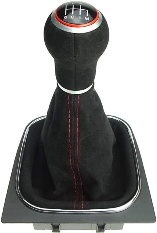 Versnellingspook Alcantara - Schakelpookknop Set - Auto Interieur Upgraden - Alcantara Met Rode Naad - 6 Versnellingen - Zwart van Merkloos — afbeelding 4