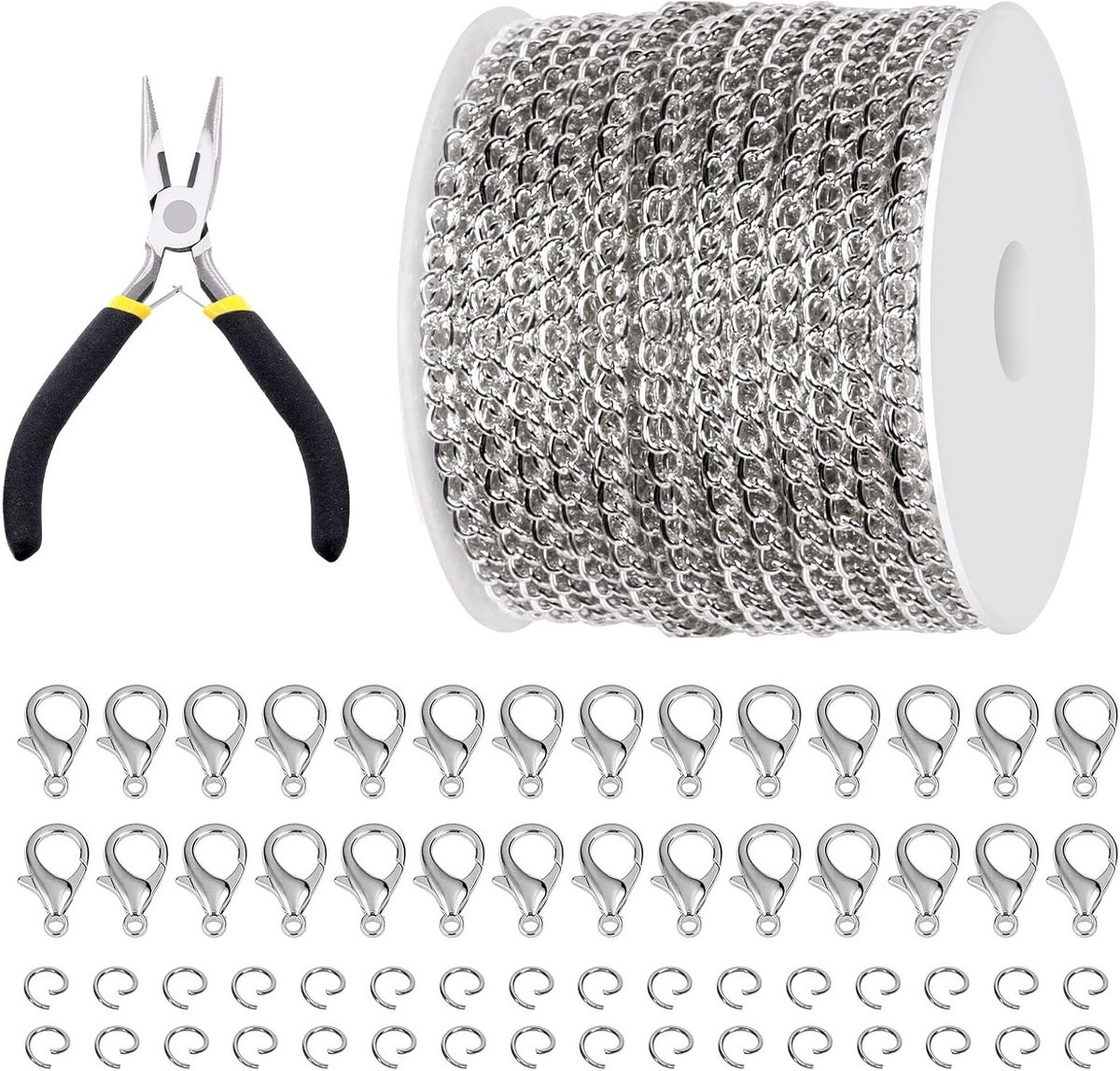 102 Stuks 30 Voet Metalen Witte Kettinkjes met Mentale Coating, Springringen en Kreeftsluitingen voor Sieraden Accessoires en DIY Projecten