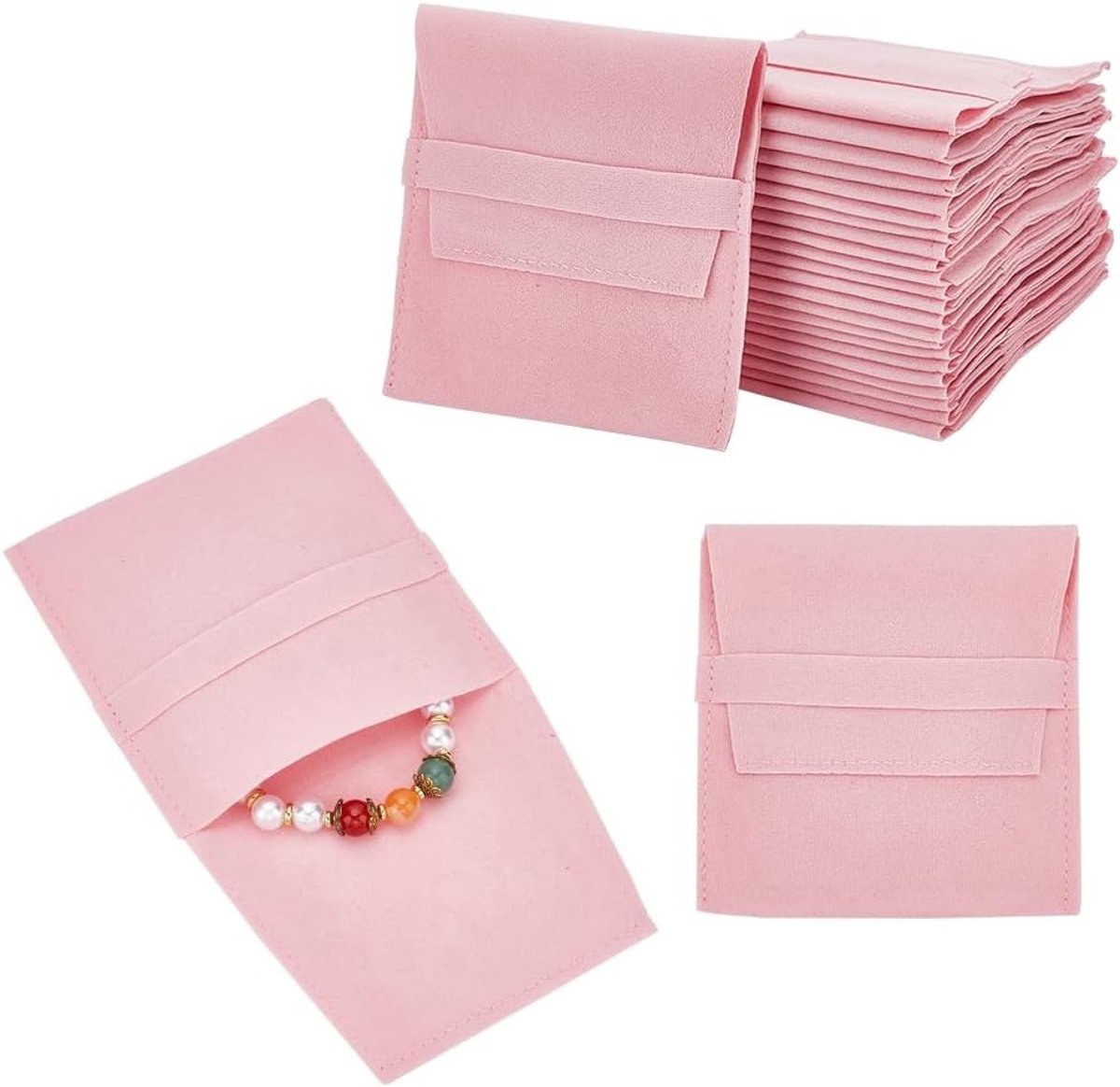 24 Stuks Roze Microfiber Sieraden Pouches, Cosmetica Tas, Flap Envelop Tas voor Oorbellen, Armbanden en Kettingen, 9.6 x 9 x 0.3cm, Perfect voor Verpakking en Organisatie