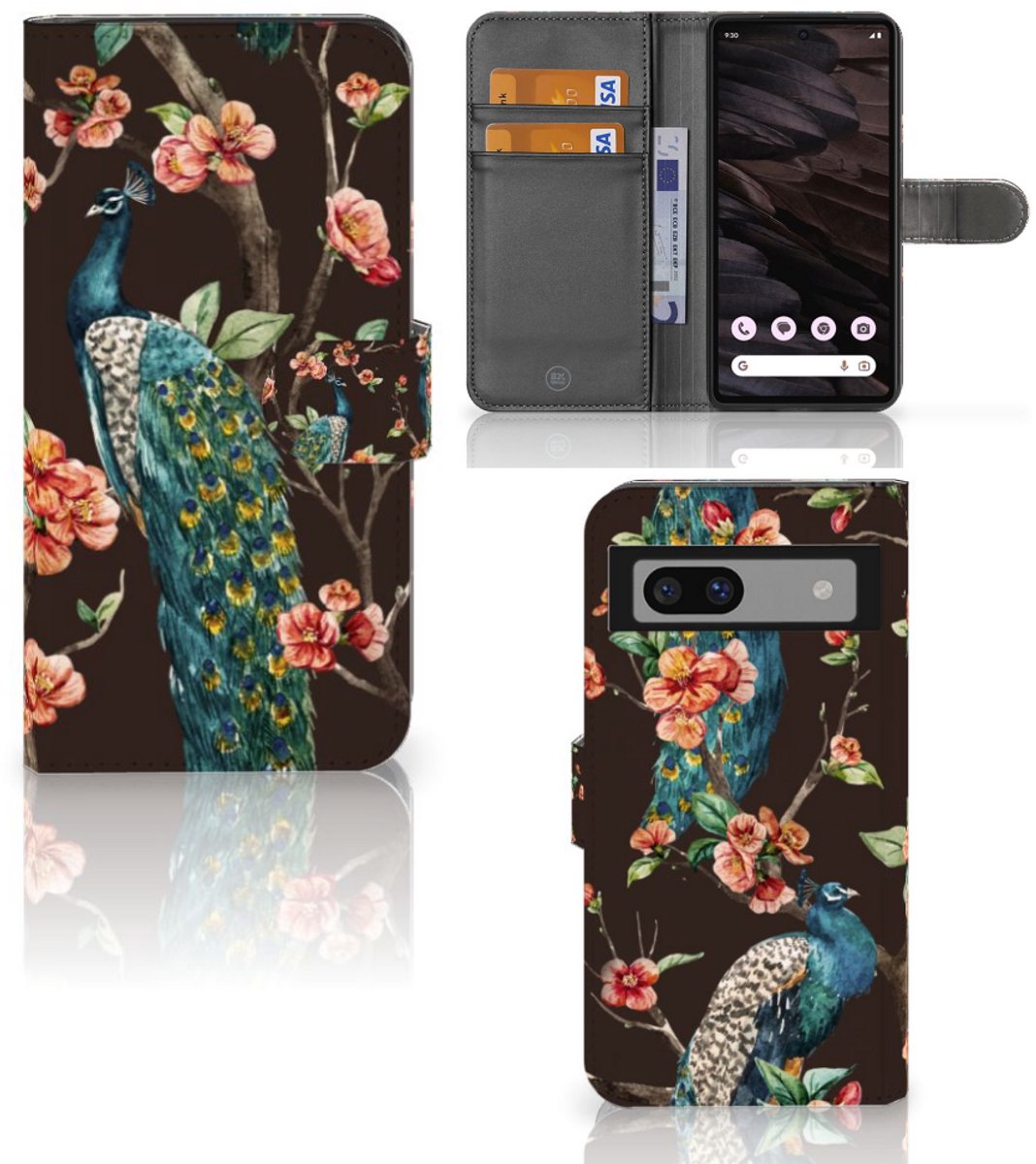 Google Pixel 7A Telefoonhoesje met Pasjes Pauw met Bloemen