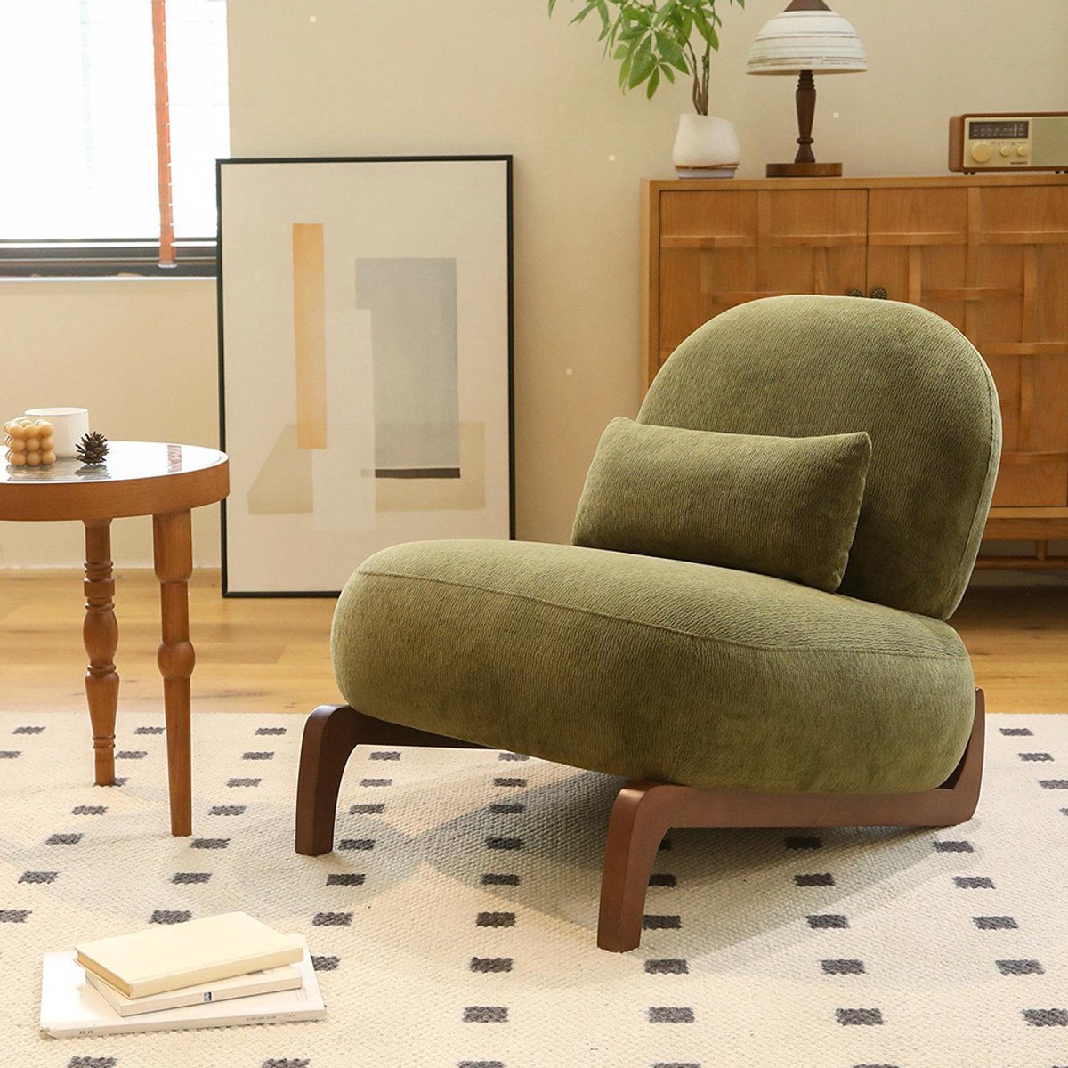 BLACKCOLORS Mooie decoratieve fauteuil met massief houten poten, fluwelen fauteuil voor de woonkamer met zacht kussen, knusse slaapkamerstoel, comfortabele leesfauteuil zonder armleuningen voor appartementen, wachtkamers, balkons