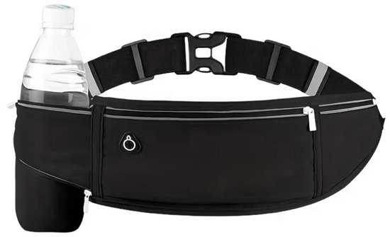 Banane de sport noire avec porte-bouteille et rayures réfléchissantes, sur fond blanc.