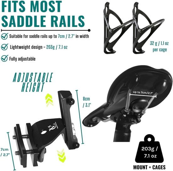 VeloChampion Bike dubbele bidonhouder - Draag 2 flessen tot 750 ml - Ideaal voor triatlon en wielrennen op de weg - Geschikt voor zadelrails 50-70mm (Premie) — afbeelding 5