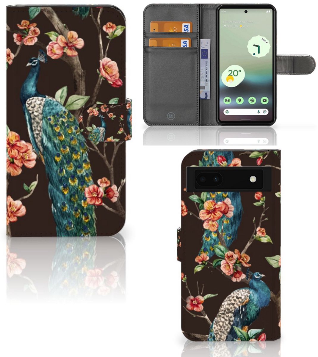 Google Pixel 6A Telefoonhoesje met Pasjes Pauw met Bloemen