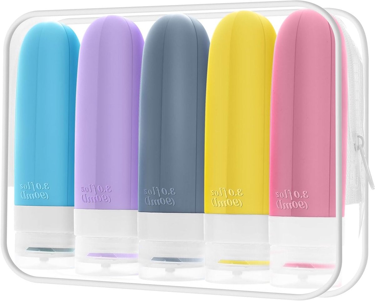 Set van 5 Levensmiddelenflesjes voor Reizen met Transparante Rits, TSA-goedgekeurde Levensmiddelencontainers voor Shampoo, Conditioner en Lotion (90ml)