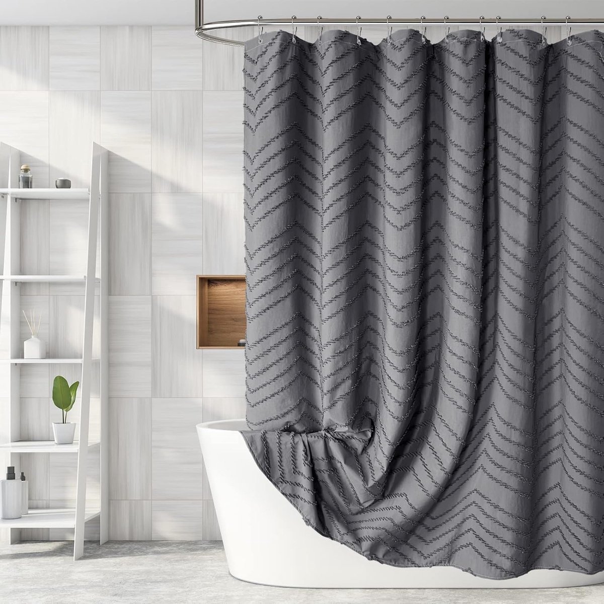 Boho douchegordijn, extra lang (213 cm), getuft, met chevron- en streeppatroon, stof, voor de badkamer, modern – stoffen douchegordijnset inclusief haken, grijs