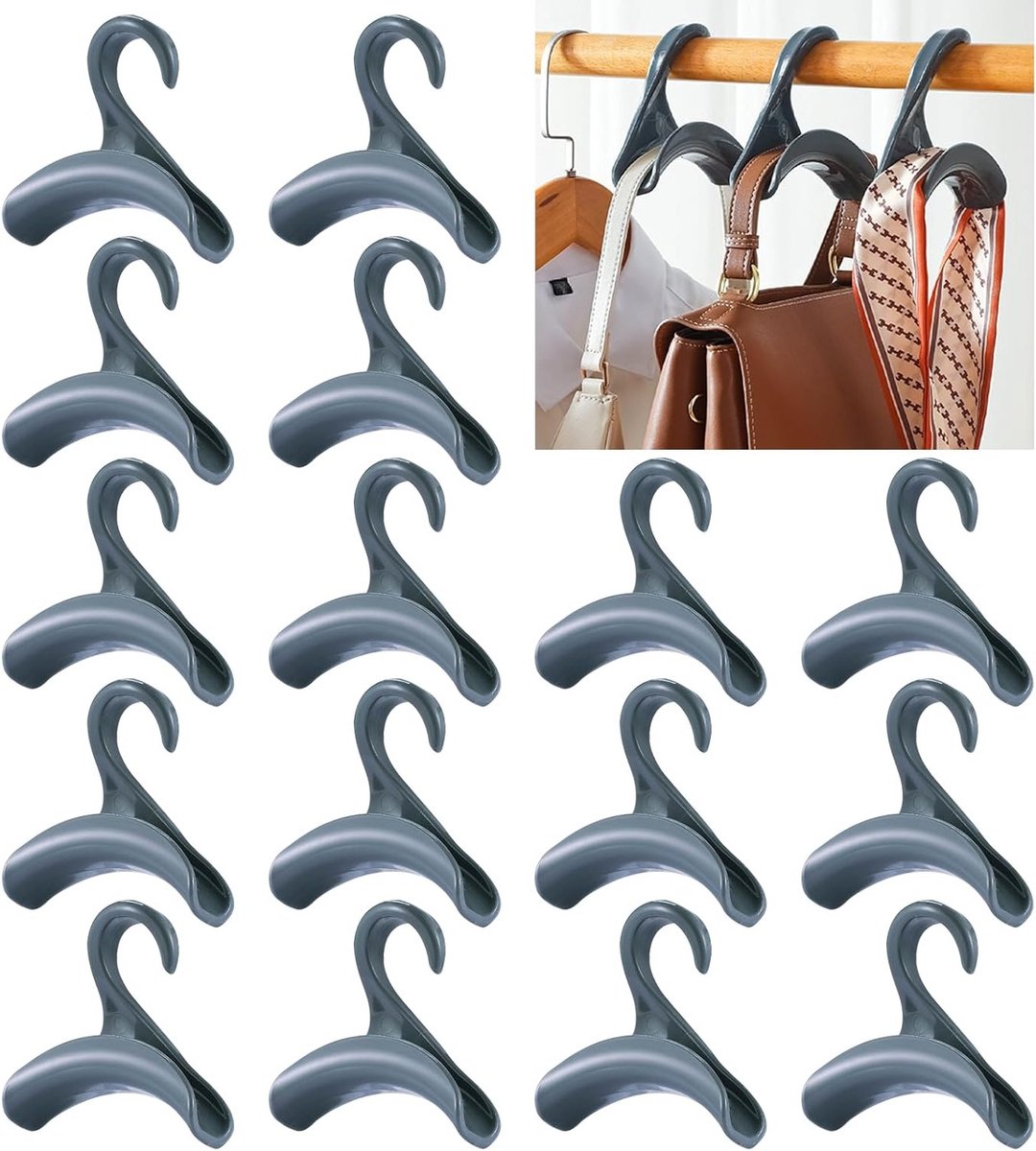 16 Stuks Handtas Hanger Haak voor Tassen, Rugzakken en Sjaals - Ideaal voor Organisatie en Ruimtebesparing (Grijs)
