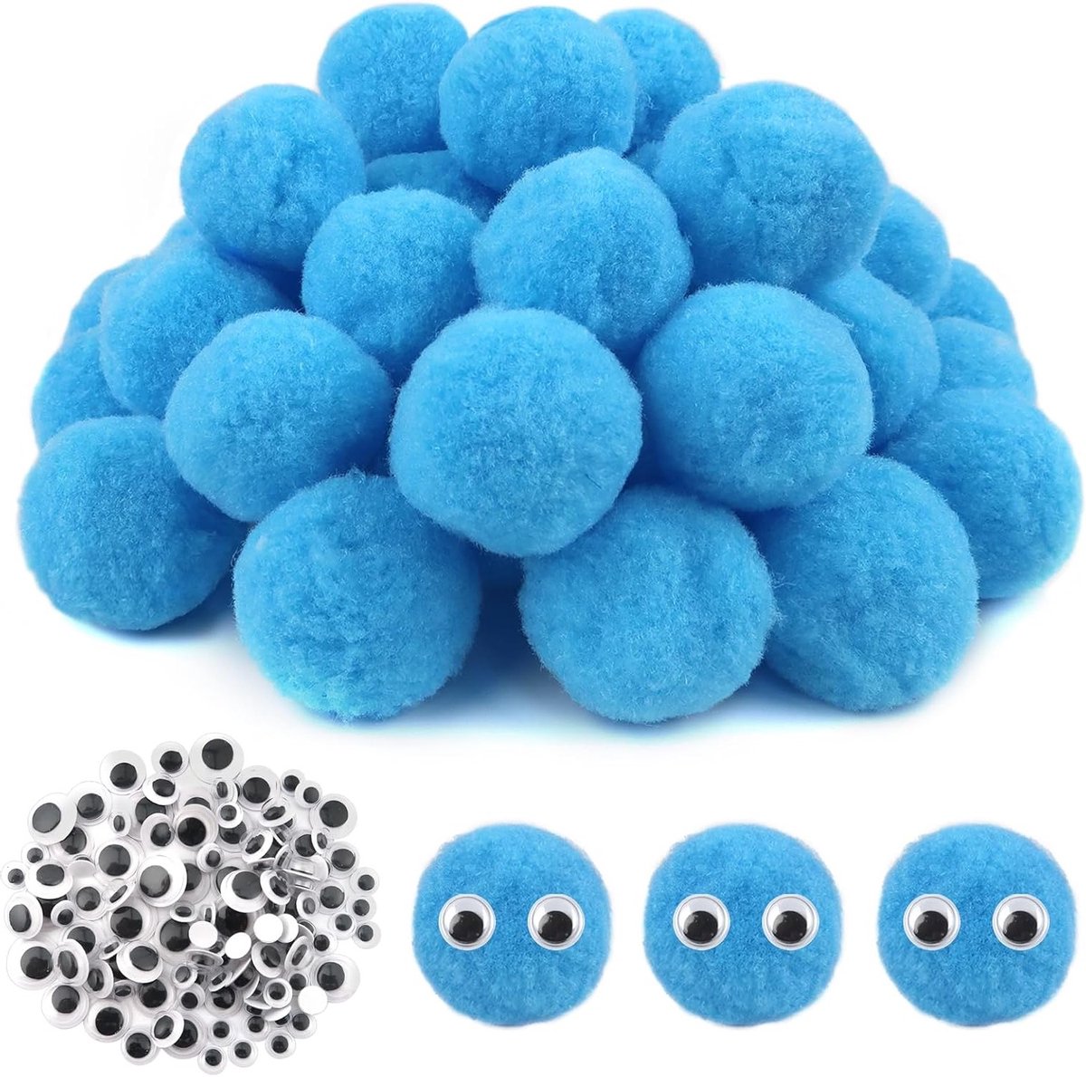 50 Stuks Fluffy Pom Pompoms 50mm Lichtblauw met 100 Wobble Eyes voor DIY Knutseldecoraties en Creatieve Projecten
