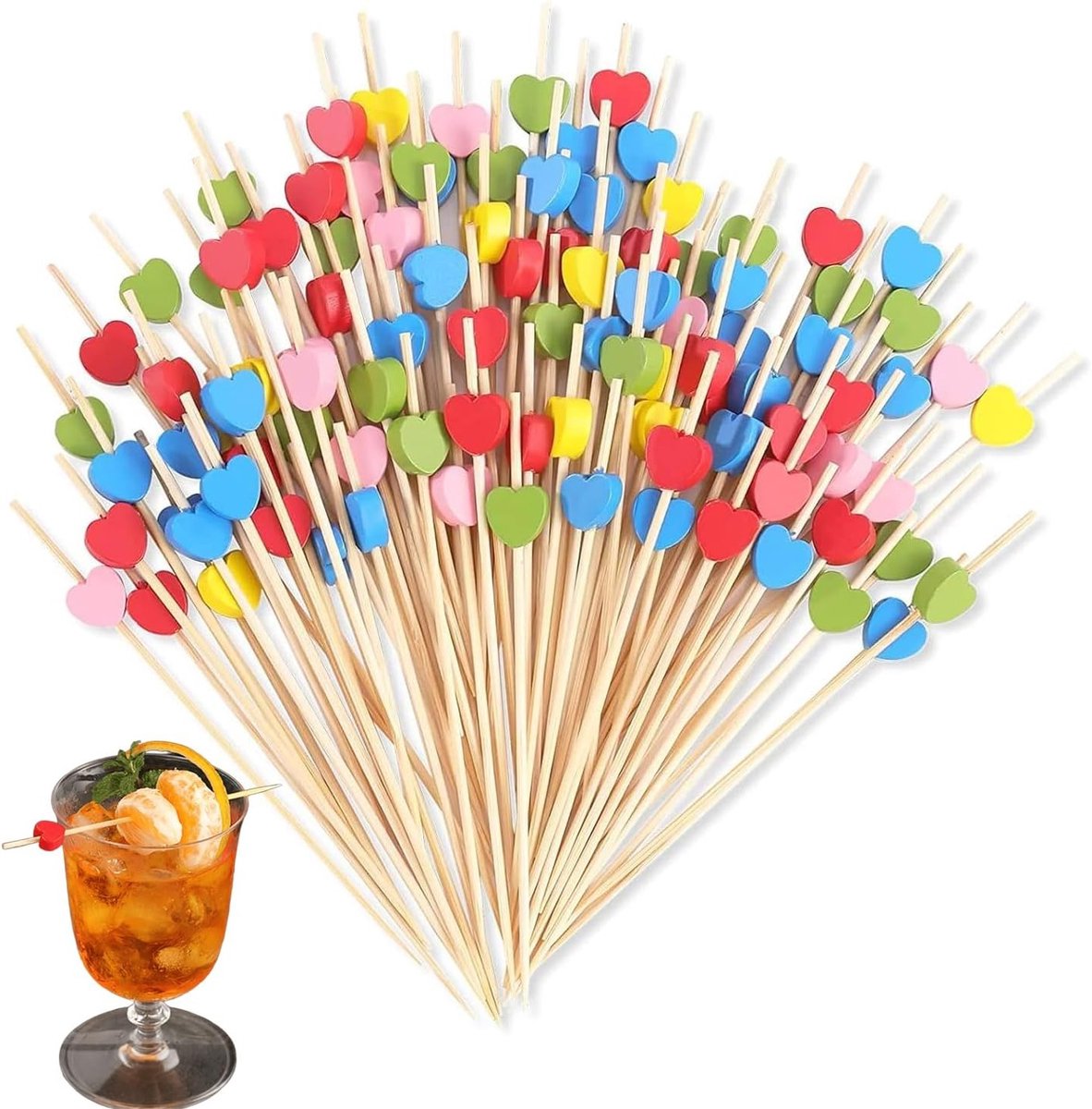 Kleurige Hartvormige Cocktailprikkers - 100 Stuks Houten Prikkers voor Feestjes en Barbecue Decoratie