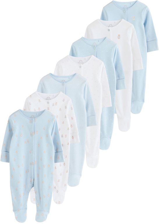 Set van zeven babypyjama's in blauw- en witinten met prints van beren, sterren en strepen