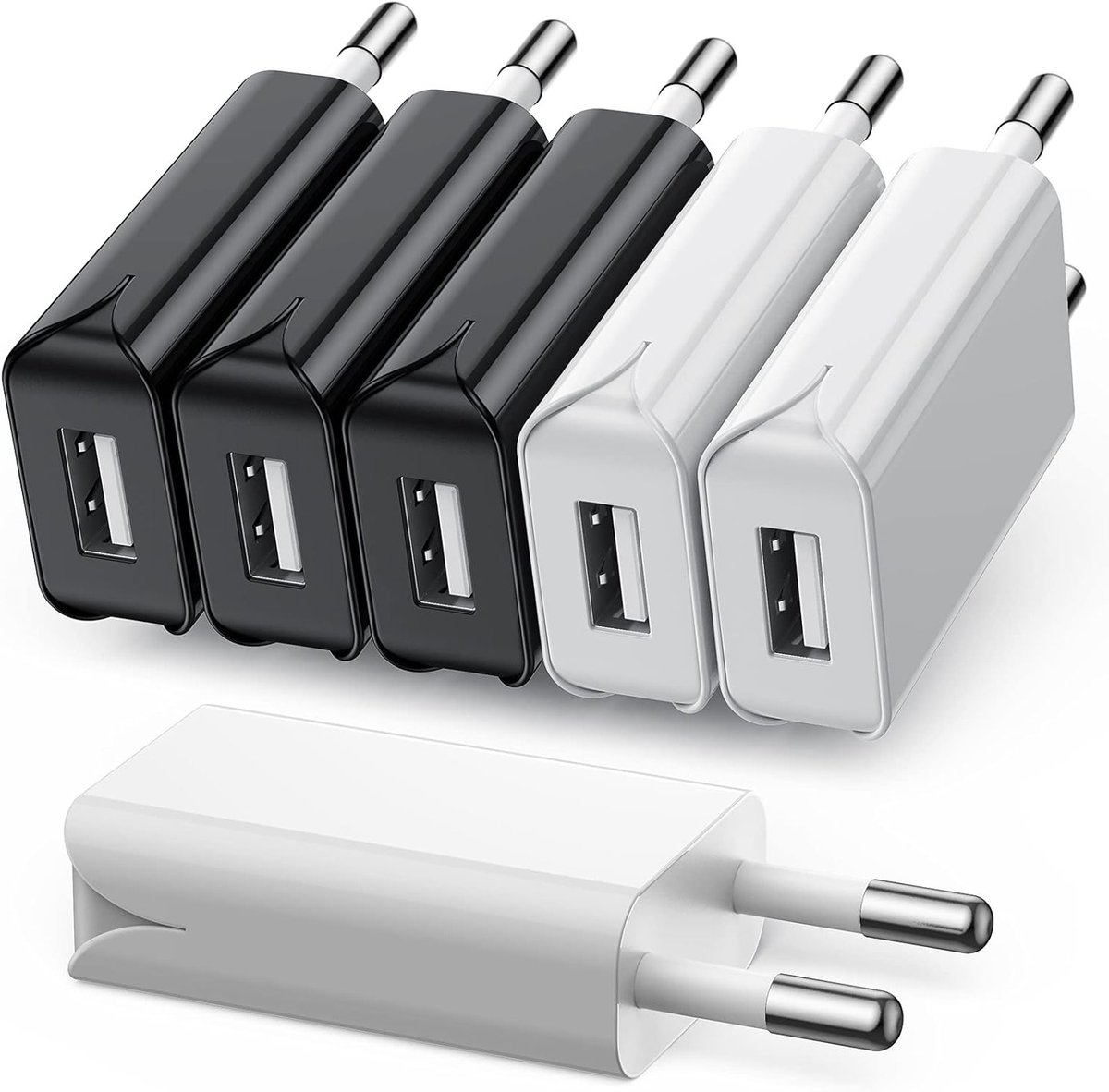 6-Pack USB Oplader 5V/1A - Slanke USB C Oplader voor Smartphones, Tablets en Accessoires (3 Zwart + 3 Wit)
