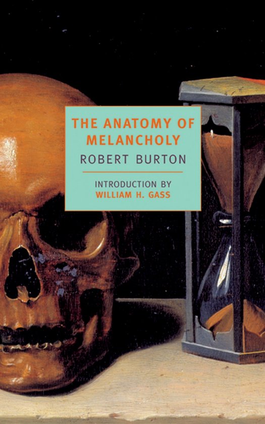 Boekomslag met een schedel en zandloper. Titel: The Anatomy of Melancholy door Robert Burton.