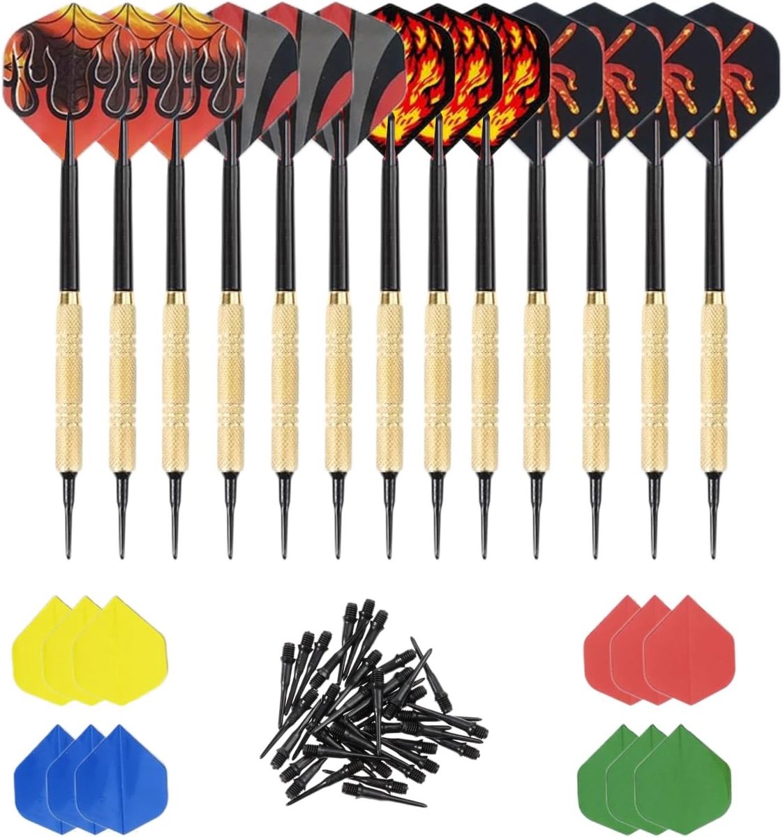 Complete soft dart set met 12 plastic tip darts, 24 extra flights en 100 vervangende dart tips voor elektronische dartborden