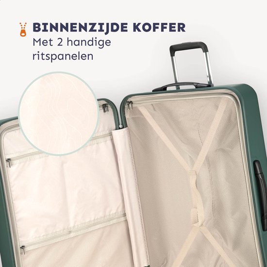 Groene koffer van binnen met 2 handige vakken met rits. Inzet toont textuur voering.