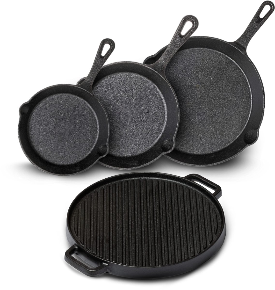 Blackwell Pannenset Gietijzer 4-Delig Koekenpan 16, 20 & 25 cm & Grillplaat ø 30 cm - geschikt voor alle warmtebronnen - zonder anti-aanbaklaag