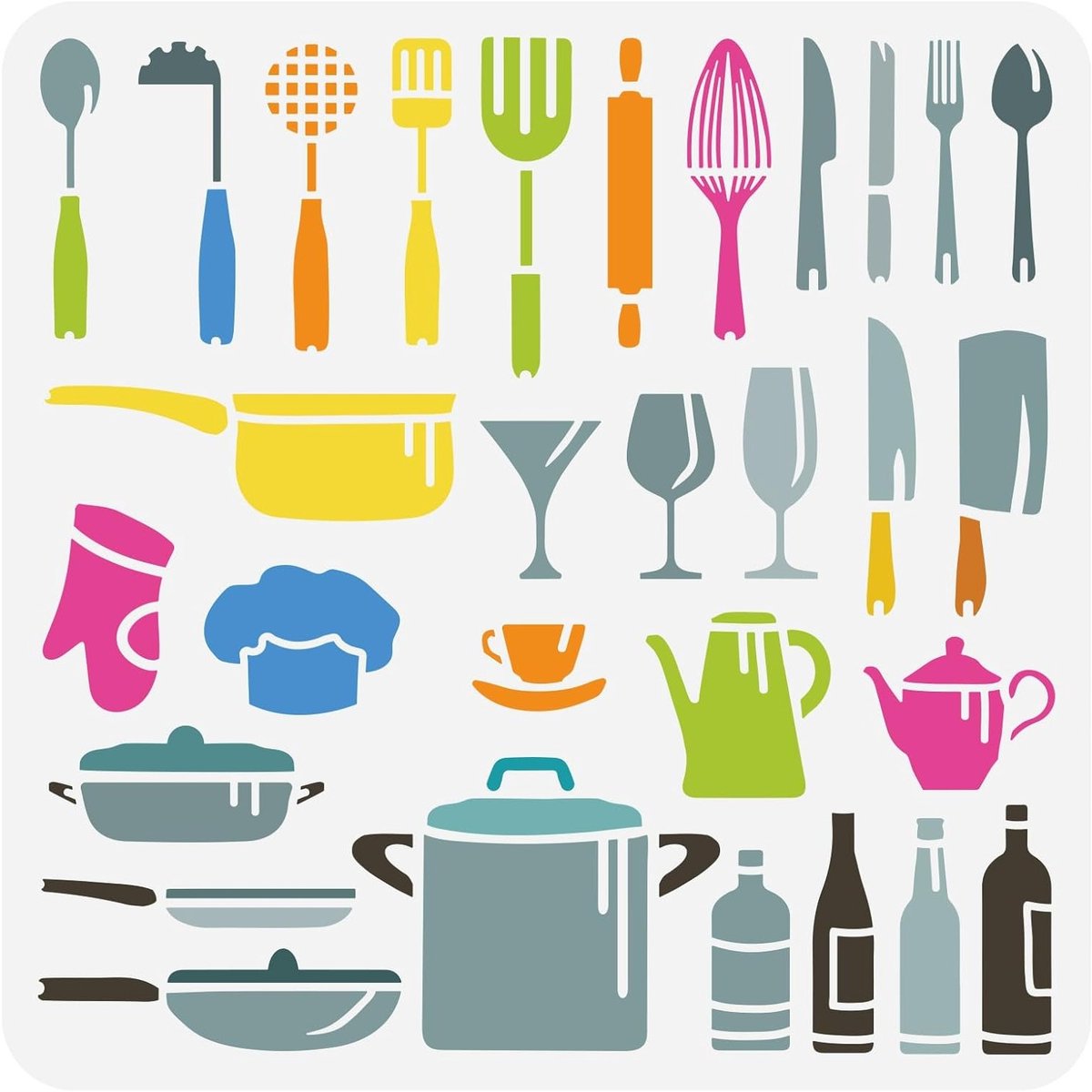 Keuken Wanddecoratie Sjablonen 30x30cm - Herbruikbare DIY Stencils voor Bestek, Flessen en Glazen - Creatieve Decoratie voor Thuis