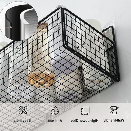 Muurbevestigde Opbergbak voor Badkamer, Eenvoudig te Installeren, Multifunctioneel en Draagbaar met Haak voor Keuken en Toilet (Zwart) — afbeelding 3