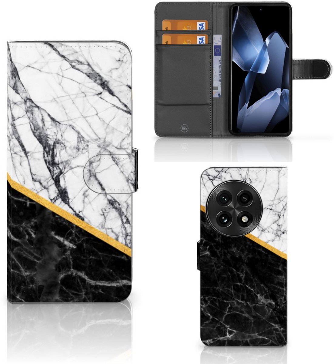 OnePlus 13 Bookcase Marmer Wit Zwart - Origineel Cadeau Man