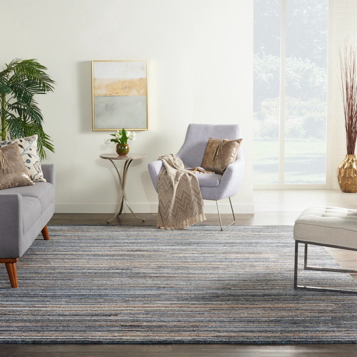 Nourison Plateau Blue PAE01 Vloerkleed - 236 x 297 cm - Blauw - Rechthoekig - Wol - Eetkamer, Woonkamer - Strepen, Schakering - Modern
