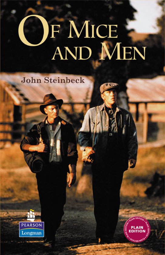 Boek 'Of Mice and Men' van John Steinbeck met twee mannen op de cover.
