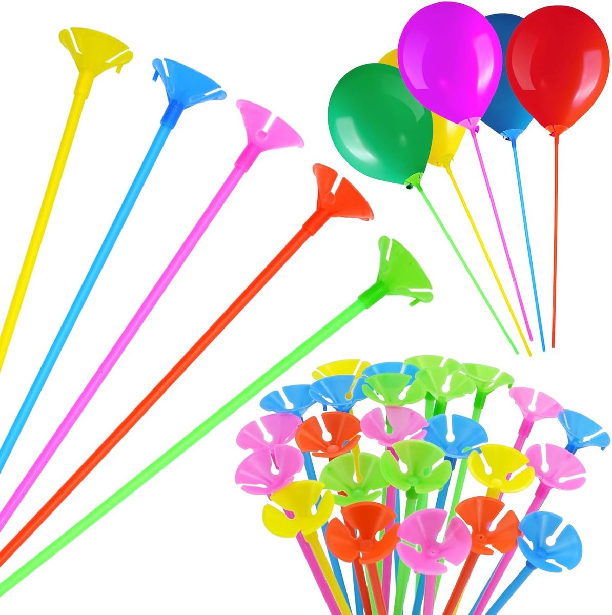 SnelShoppen - 100 Balloon Rails - Plastic Ballon Sticks & Houder voor Decoratie - Herbruikbare Ballonsteunen - Multicolor voor Feest, Verjaardag, Brui
