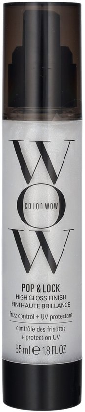 Fles met zilverkleurige glitters, met de tekst 'POP & LOCK HIGH GLOSS FINISH FRIZZ CONTROL + UV PROTECTANT'.