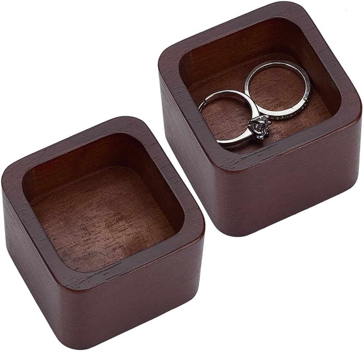 Set van 2 vierkante houten ring trays, 50 x 49,5 x 39,5 mm, kokosbruin, mini sieradenhouder, juwelendoosje, opbergdoos voor ringen en accessoires