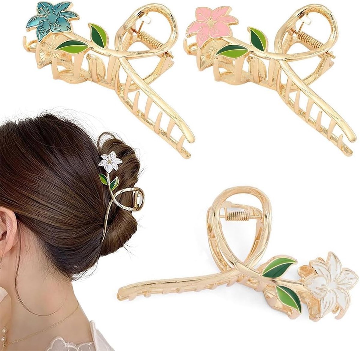 Set van 3 Bloem Haarspelden voor Dames - Grote Haarspelden Geschikt voor Dun en Dik Haar - Kleurrijke Haaraccessoires voor Elke Gelegenheid