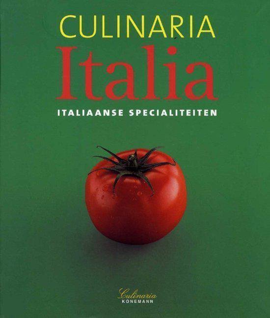 Boek met rode titel 'Culinaria Italia' op groene achtergrond met een tomaat.