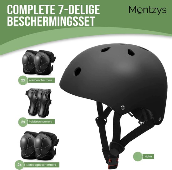 Zwarte helm, 2x knie-, elleboog- en polsbeschermers, 7-delige beschermingsset van Montzys.