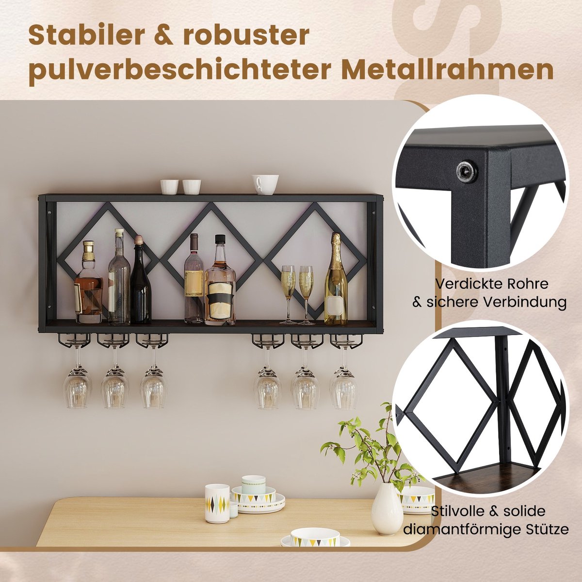 COSTWAY Wijnrek voor aan de muur met ledverlichting, 2 niveaus flessenrek hout met metalen frame, met 6 rijen wijnglashouder, industrieel design, ideaal voor thuis, bar, keuken en restaurant — cadeau in Wonen & Interieur - foto 8