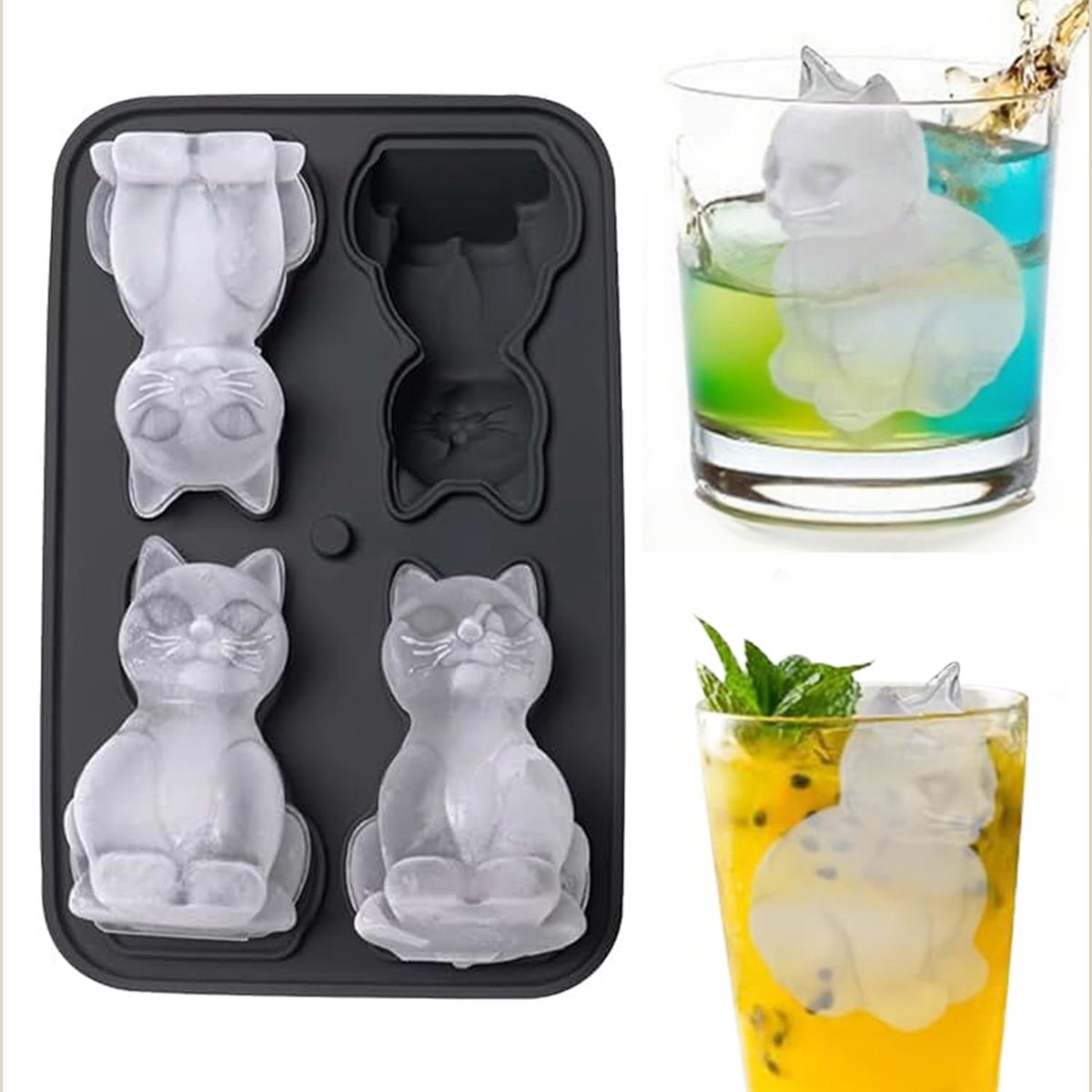 3D-kattenvormige siliconen ijsblokjesvorm - ijsblokjesvorm met deksel - vier vakjes - zwart - grote ijsblokjesvorm - gemakkelijk uit de vorm te halen - geschikt voor whisky en bier