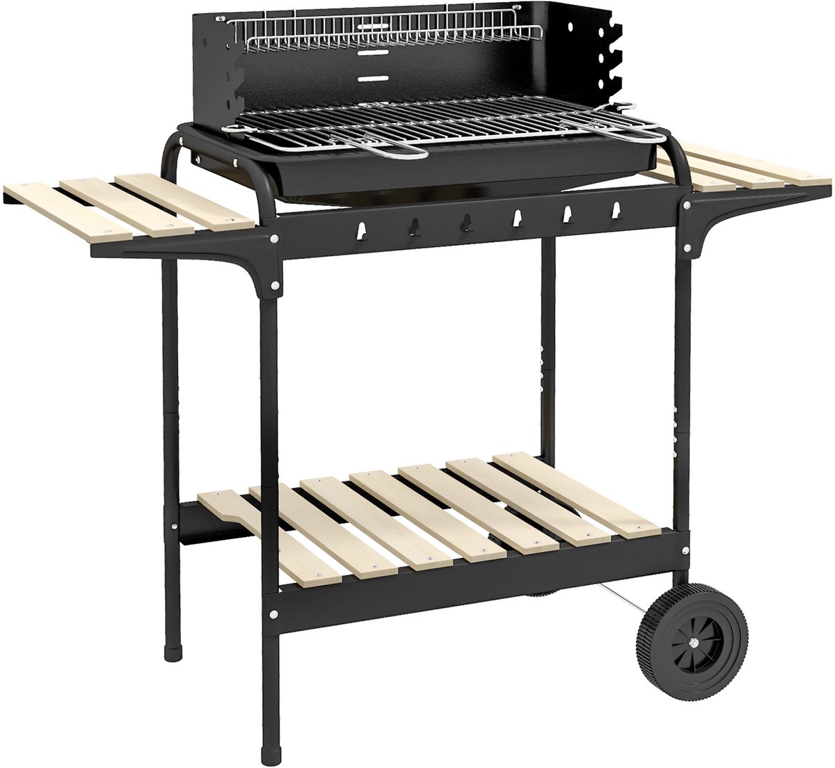 Holzkohlegrill met Smoker en Wielen – Hoogteverstelbaar Grillrooster met Houtopslag – 103 x 47 x 95 cm / 40,6 x 18,5 x 37,4 inch – Zwart