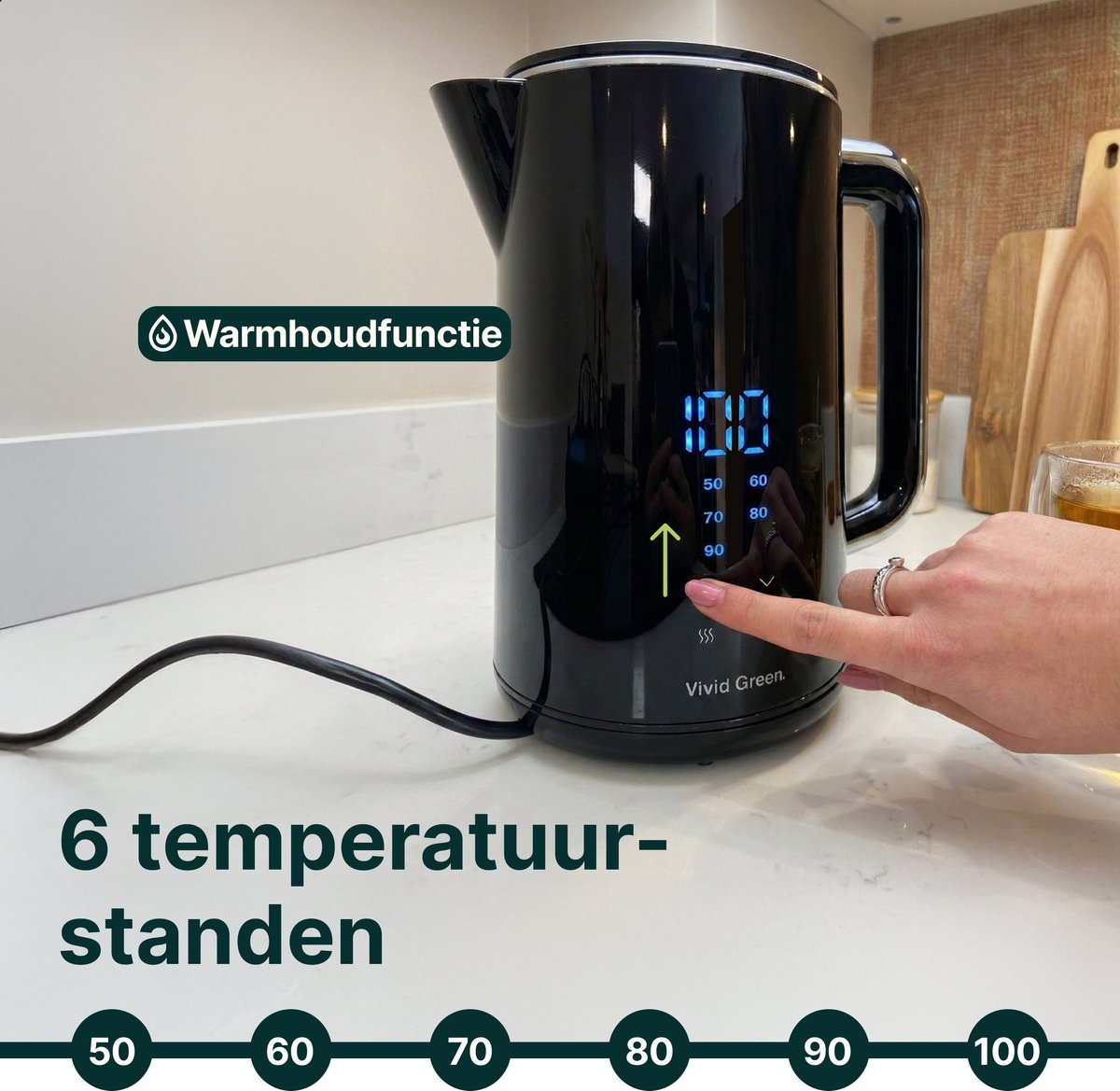 Vivid Green 2200W Waterkoker - 1.7L - Instelbare Temperatuur - BPA-vrij - Dubbelwandig - Warmhoudfunctie - Elektrisch - RVS - Zwart — afbeelding 3