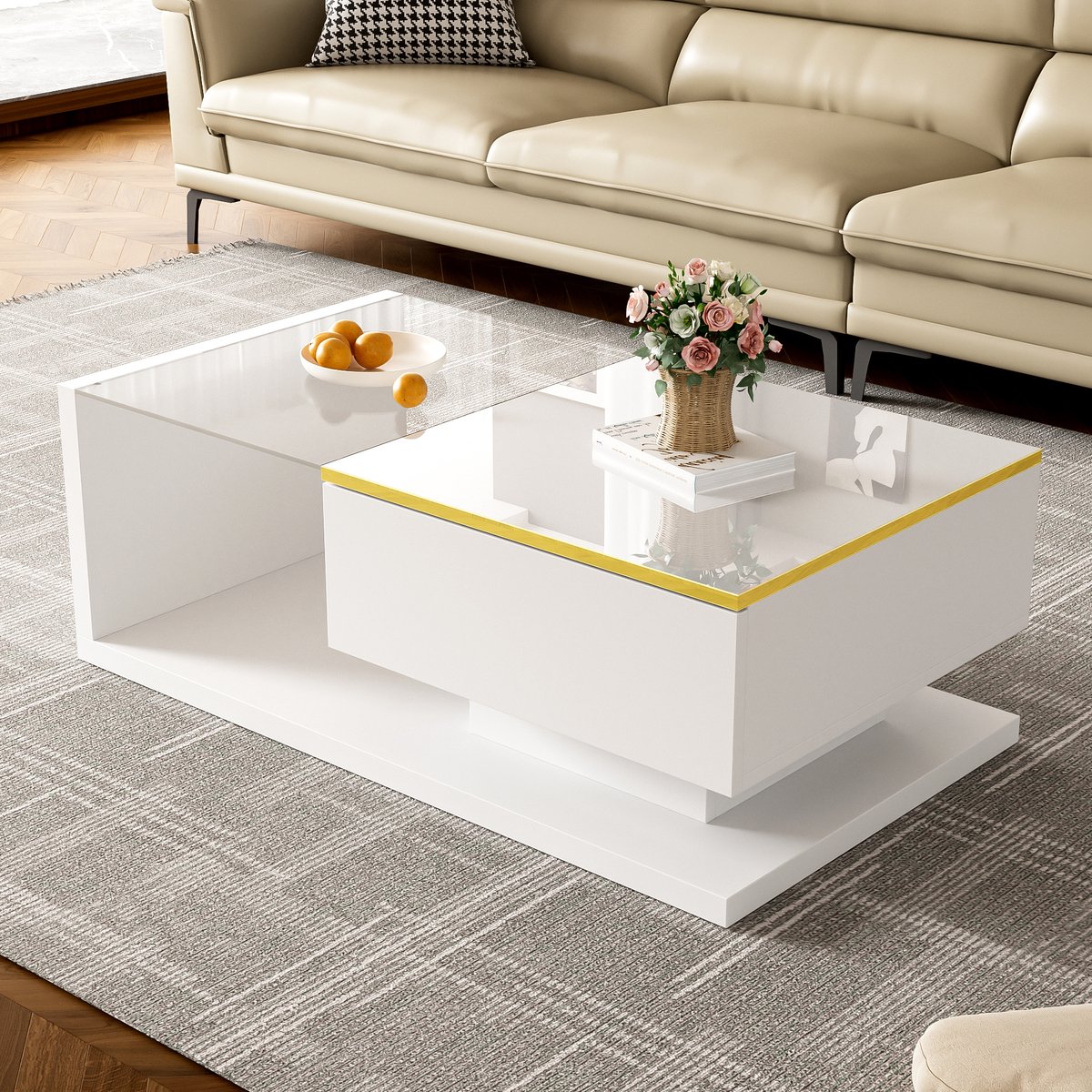 MODENUIT Salontafel - Met Ledverlichting En Opbergvakken - Voor Woonkamer - Spaanplaat En Glas Wit - 90x50x32,5 Cm