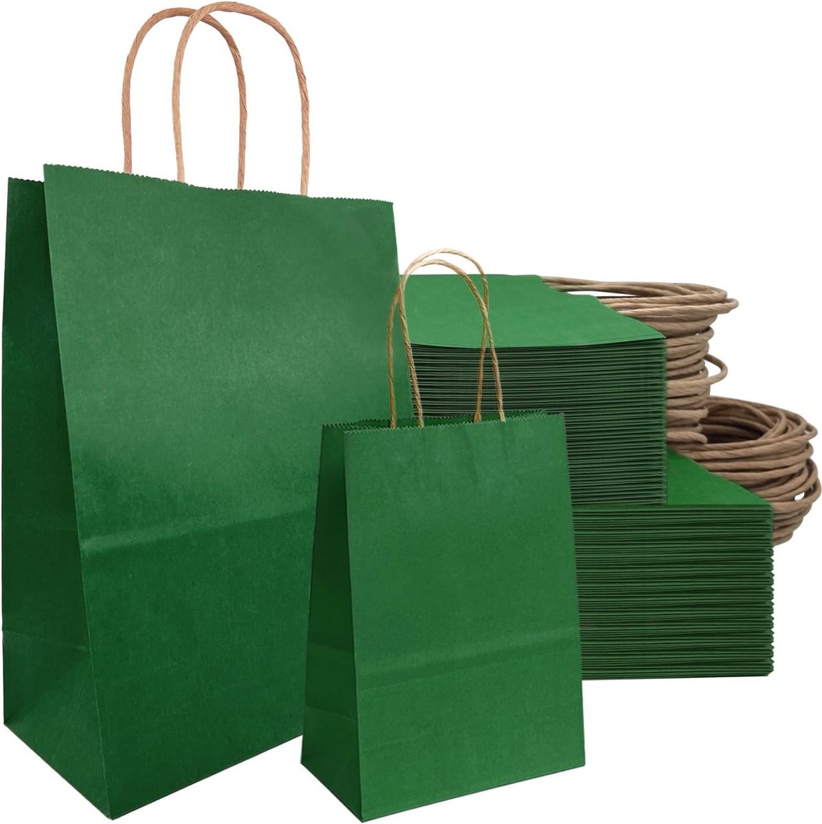 Grote groene kraftpapier cadeauzakken met handvat, 50 stuks, stevig en herbruikbaar, 21 x 8 x 15 cm en 21 x 11 x 27 cm, ideaal voor geschenken en feestjes