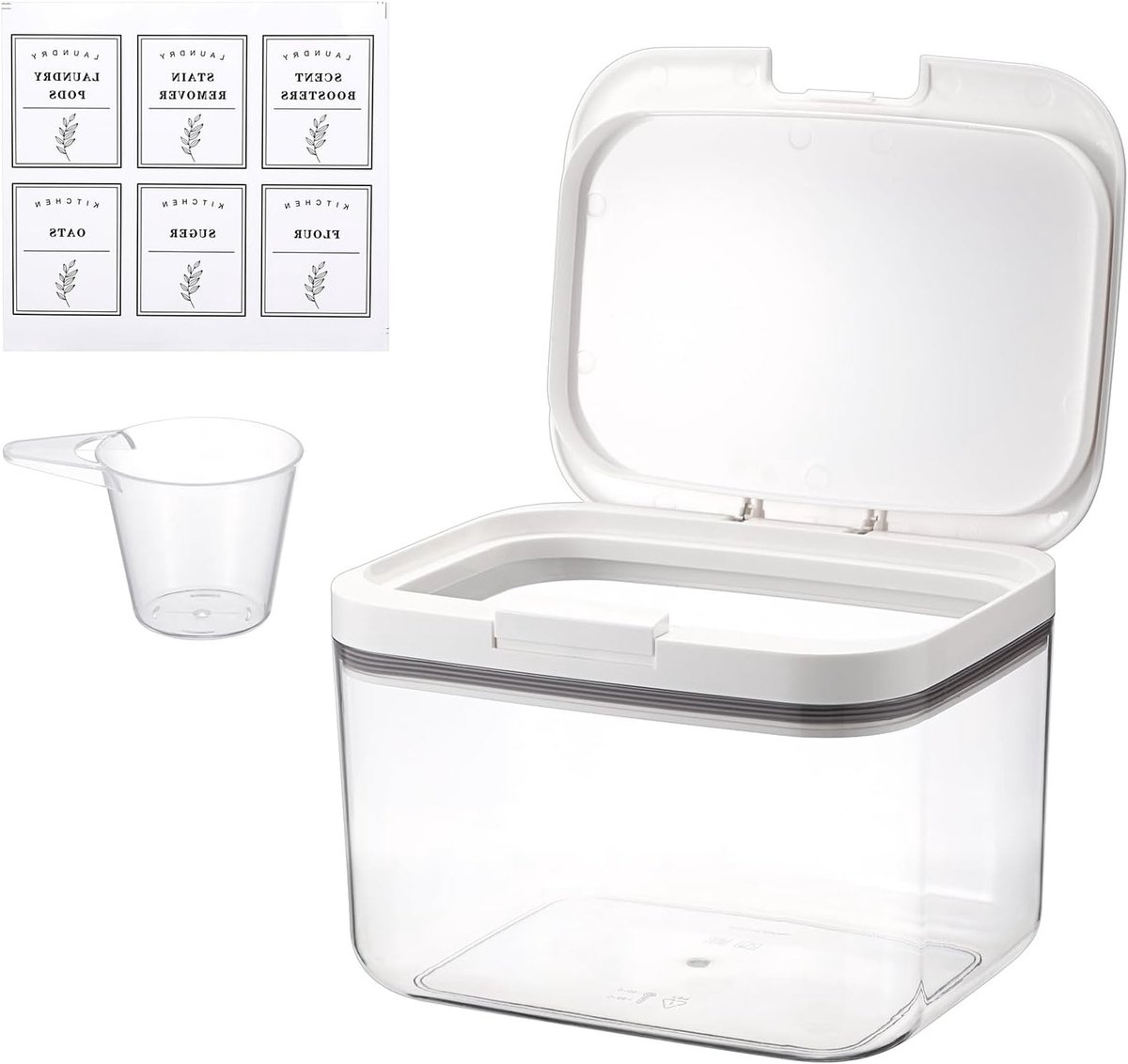 Opslagdoos van PET Plastic voor Wasmiddel, Organiser voor Geurkorrels, Honden- en Kattenvoer, Met Maatbeker en Deksel