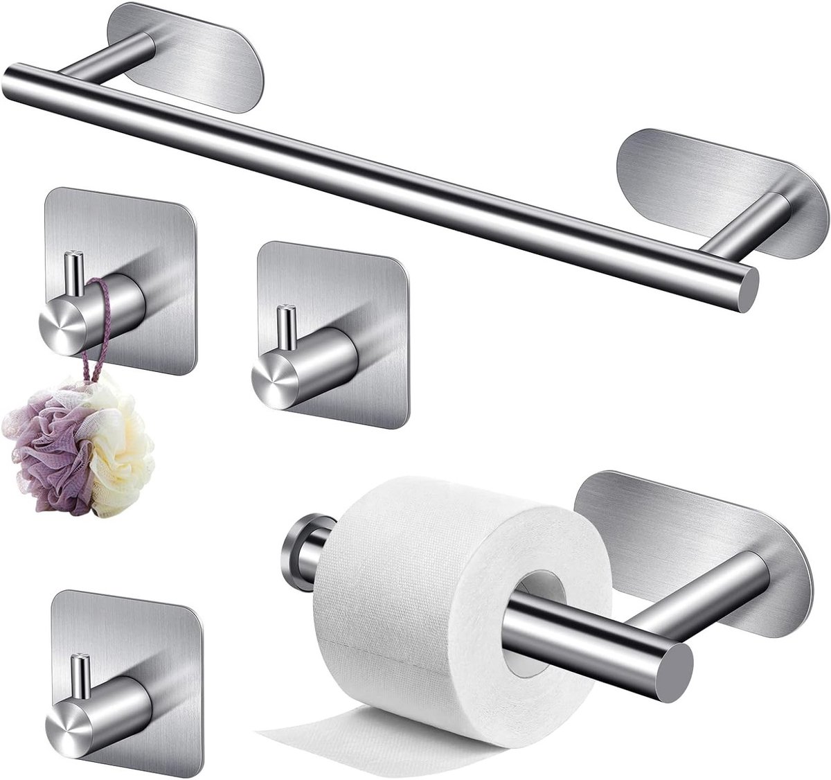 Stijlvolle 5-in-1 handdoekenhouder van roestvrij staal, zelfklevend wandmodel voor badkamer en keuken, zonder boren, perfect voor handdoeken en badhanddoeken, 40 cm