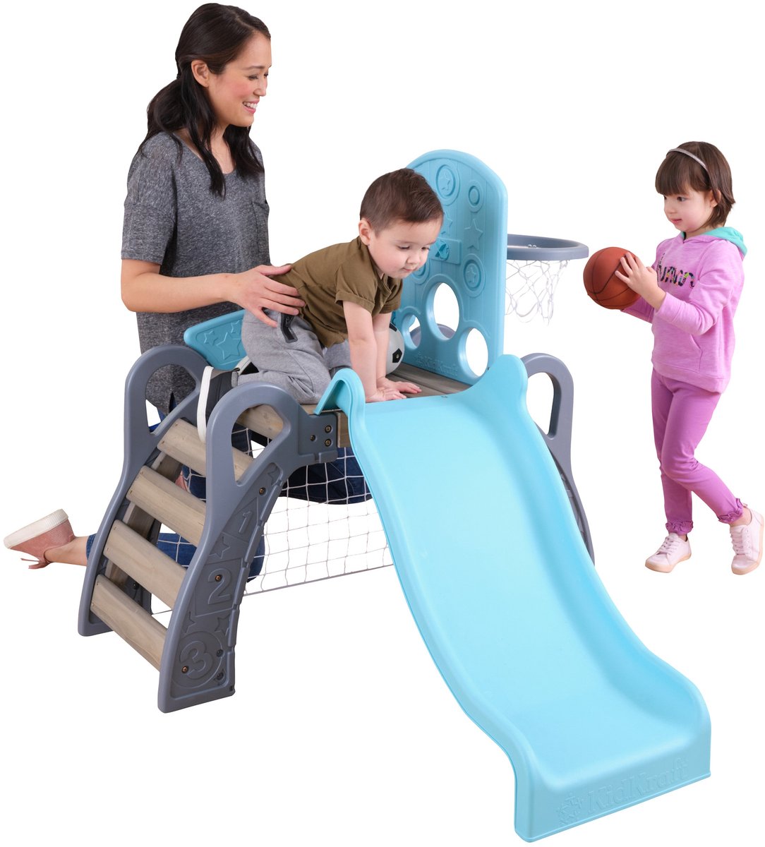 KidKraft 5-in-1 Sport Klimrek voor Peuters - Speeltoestel met Glijbaan, Voetbaldoel, Basketbalring en 3 Ballen - Hout, Binnen en Buiten